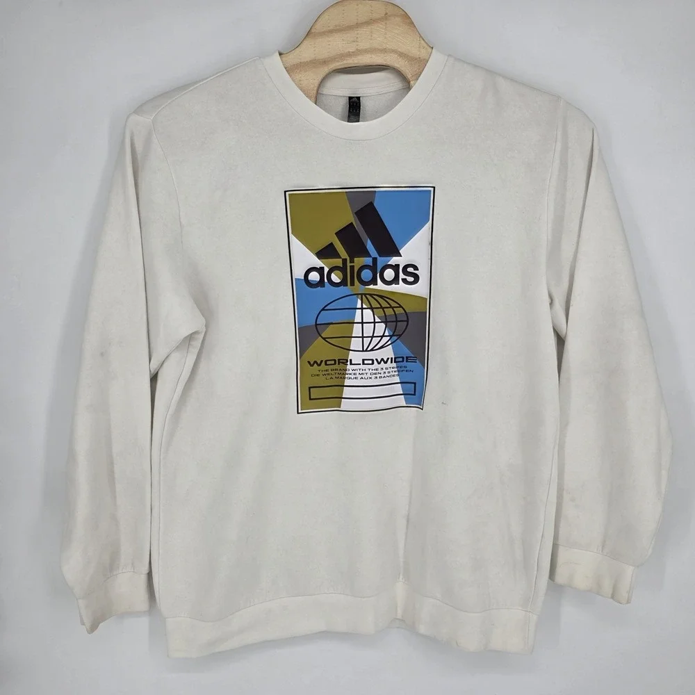 Adidas Worldwide Crewneck Sweatshirt Men XL Cream White Pullover Print 3 Stripes